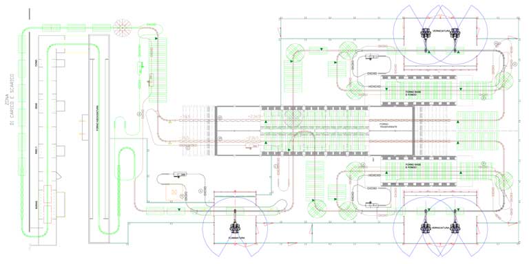 Infografica dell’impianto di verniciatura paraurti: il layout. A sinistra si vede il tratto di lavaggio e la fiammatura robotizzata, che servono le due isole robotizzate. A destra (sopra e sotto), le due isole, ciascuna con 2 robot d’applicazione e tunnel d’appassimento/flash